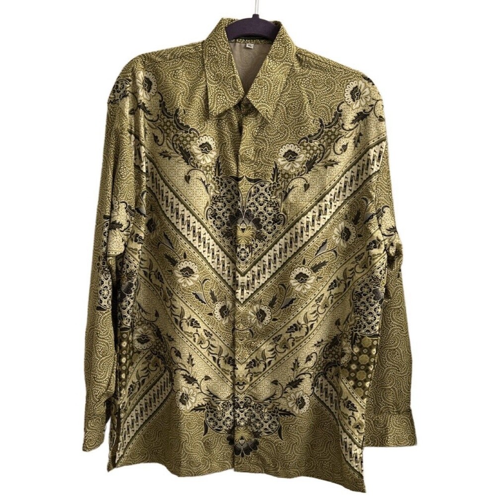 Ku Kencama Ungu Green Gold Floral Batik Button Up Blouse XL Tribal